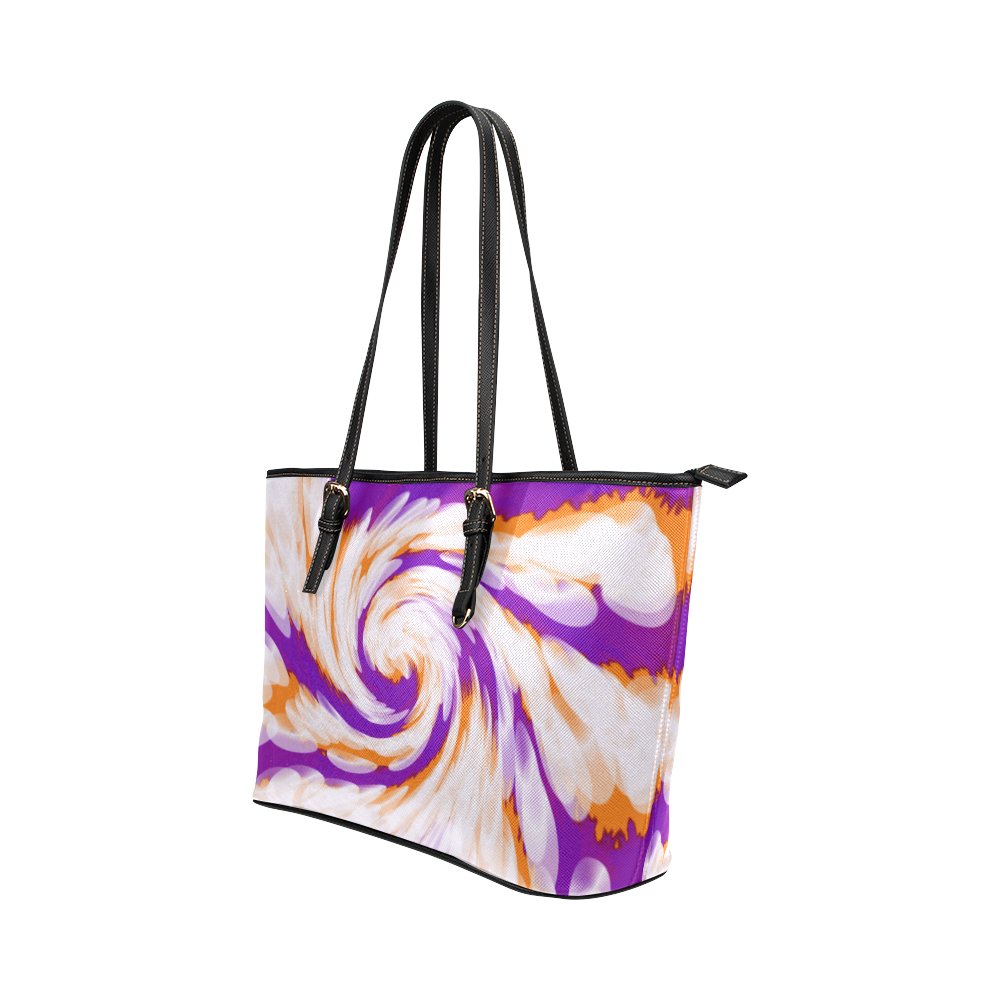 Purple Orange Tie Dye Swirl Abstract Leather Tote Bag/Large (Model 1651)