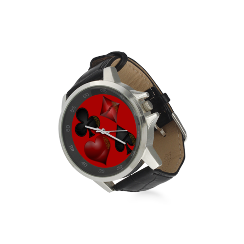 Las Vegas Black and Red Casino Poker Card Shapes on Red Unisex Stainless Steel Leather Strap Watch(Model 202)