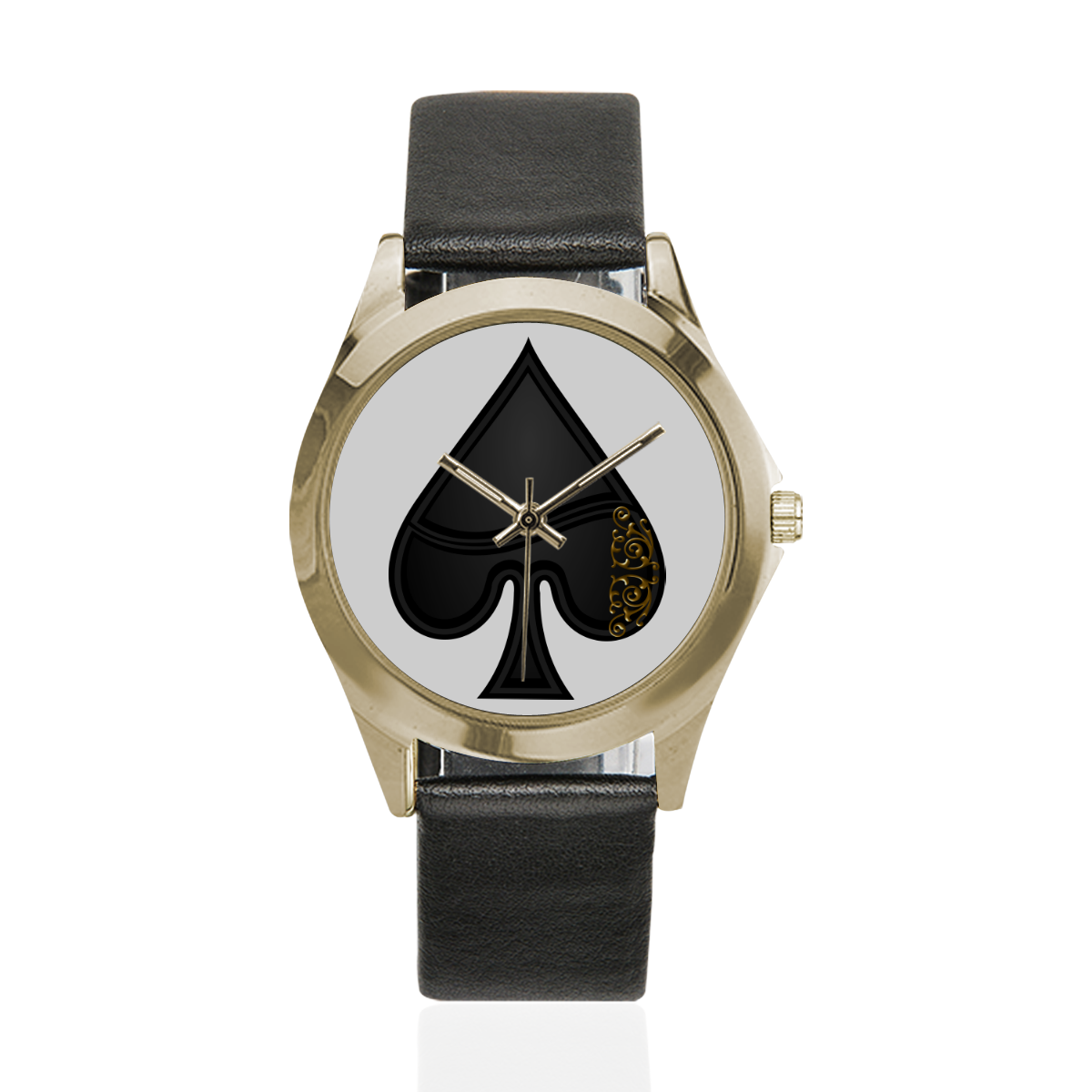 Spade Las Vegas Symbol Playing Card Shape (White) Unisex Silver-Tone Round Leather Watch (Model 216)