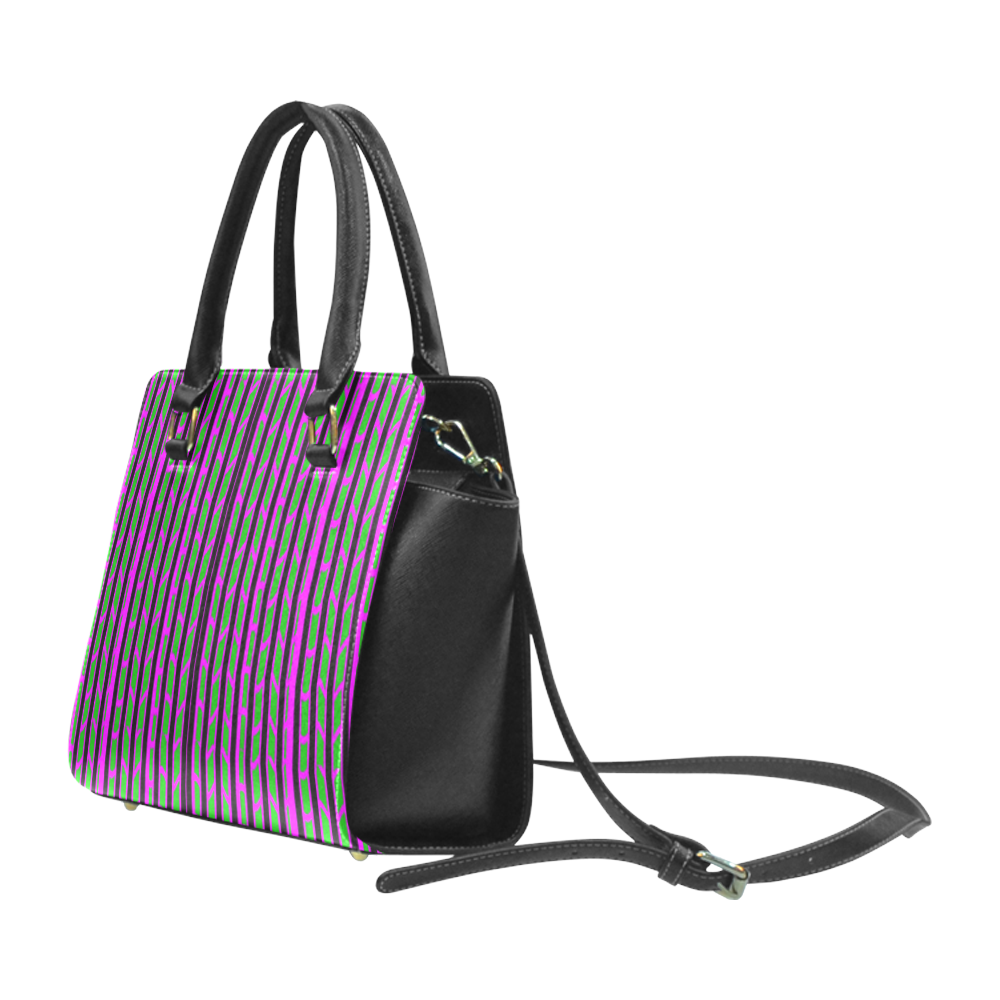 Pink Green Spring Leaf Stripe Rivet Shoulder Handbag (Model 1645)