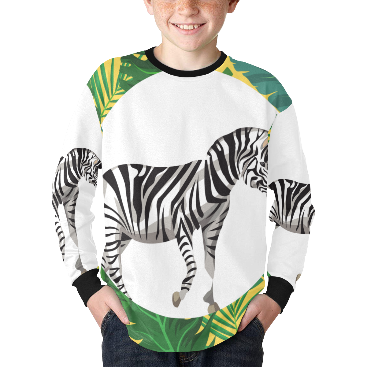 cebra y hojas Kids' Rib Cuff Long Sleeve T-shirt (Model T64)