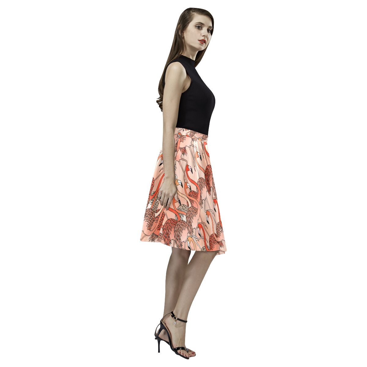 Living Coral Color Flamingos Melete Pleated Midi Skirt (Model D15)