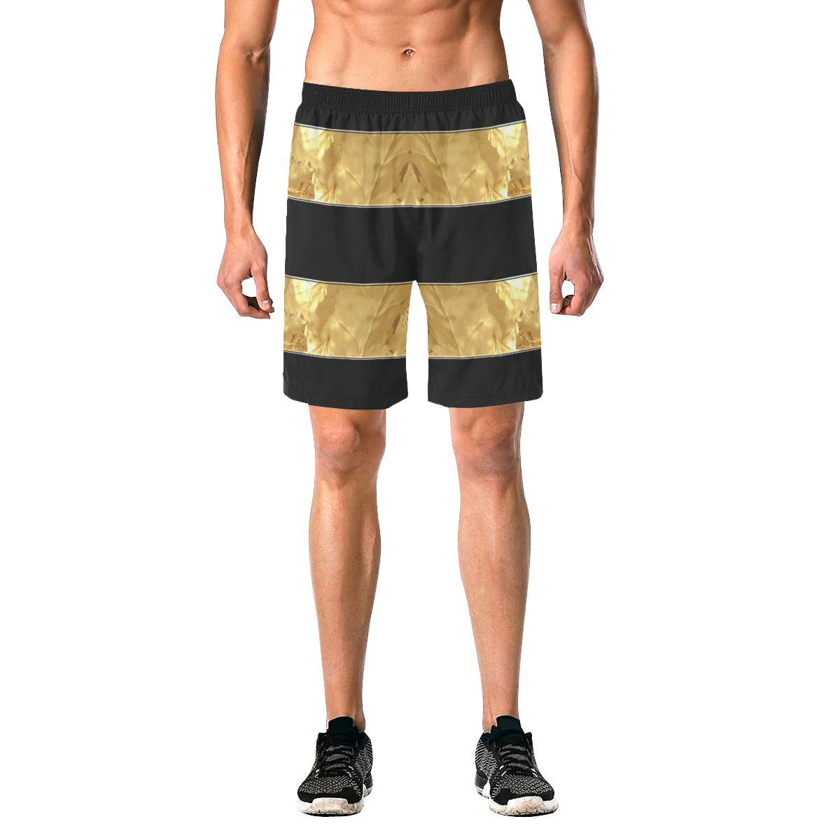 Black Gold Stripes Men's All Over Print Elastic Beach Shorts (Model L20)