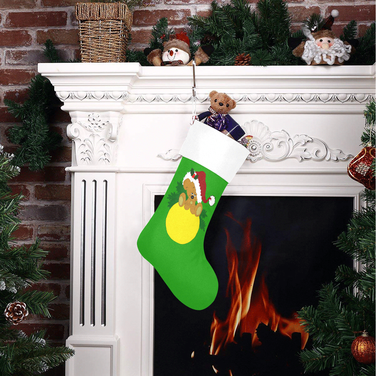 Christmas Teddy Bear Ornament Green/White Christmas Stocking