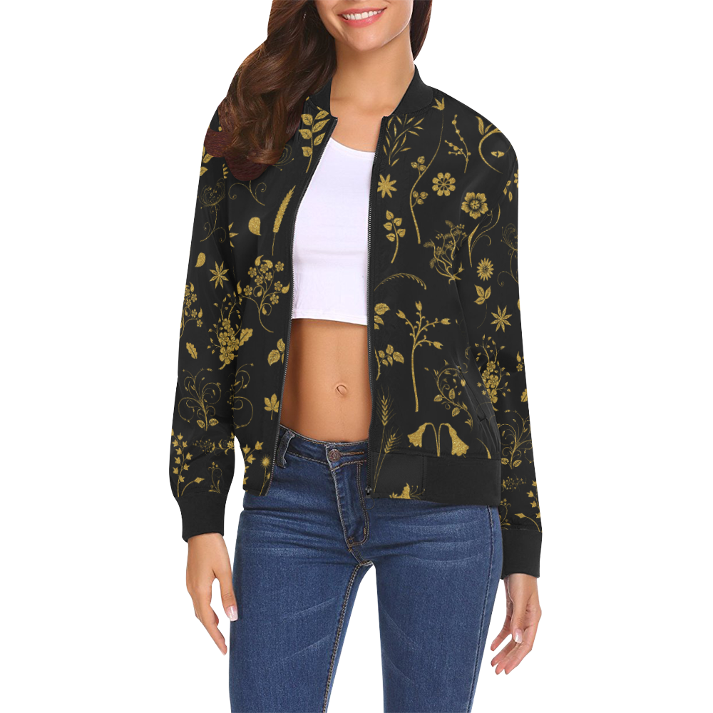 Ethno Floral Elements Pattern Gold 1 All Over Print Bomber Jacket for Women (Model H19)