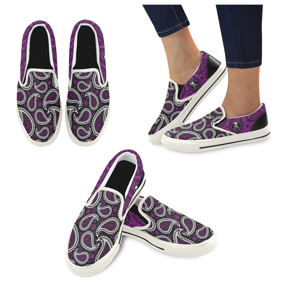 LADIES_PAISLEY_PURP_WHT Women's Unusual Slip-on Canvas Shoes (Model 019)