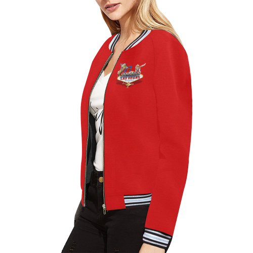 Las Vegas Welcome Sign on Red All Over Print Bomber Jacket for Women (Model H21)