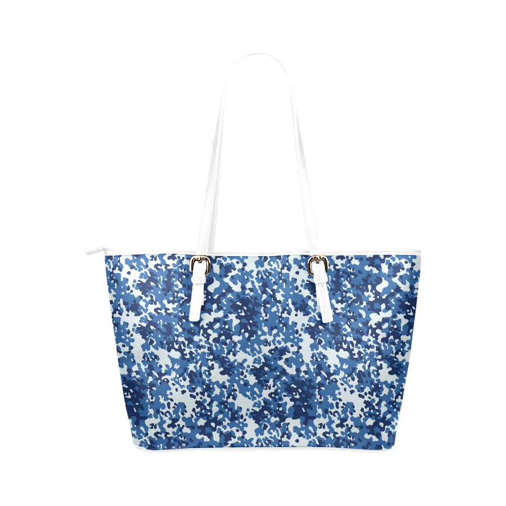Digital Blue Camouflage Leather Tote Bag/Small (Model 1651)