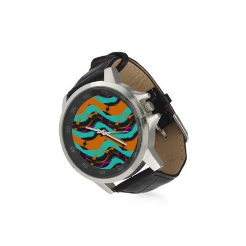 Blue orange black waves Unisex Stainless Steel Leather Strap Watch(Model 202)