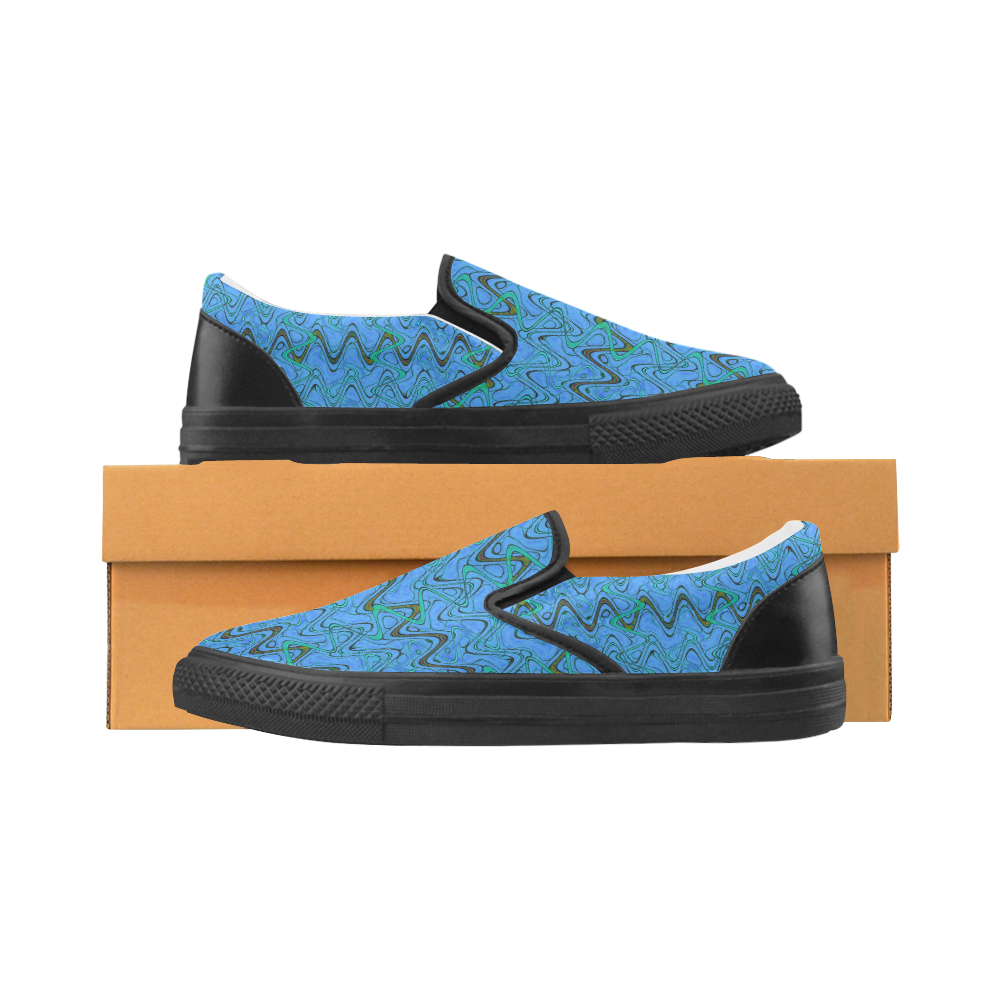 Blue Green and Black Waves pattern design Men's Slip-on Canvas Shoes (Model 019)