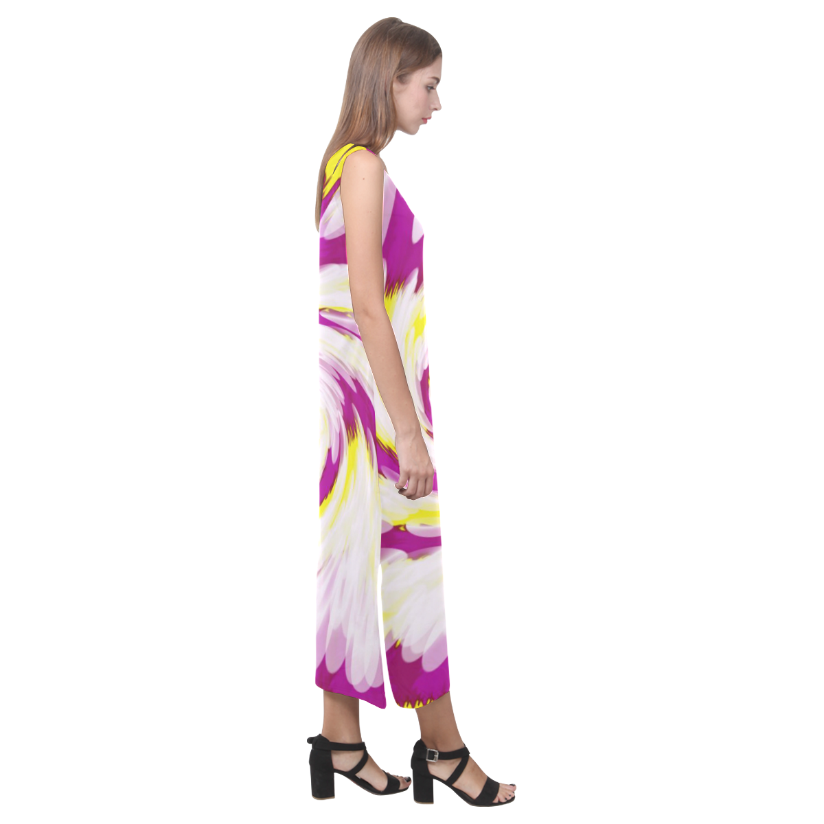 Pink Yellow Tie Dye Swirl Abstract Phaedra Sleeveless Open Fork Long Dress (Model D08)
