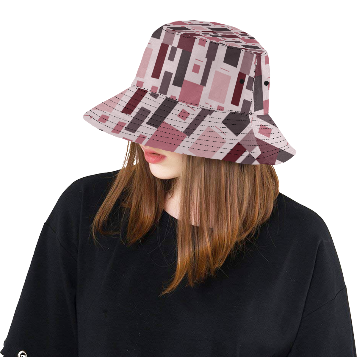 Abstract Burgundy Squares All Over Print Bucket Hat