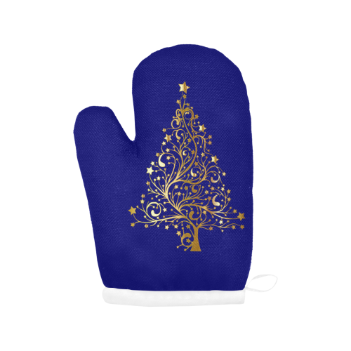 Golden Christmas Tree on Blue Oven Mitt (Two Pieces)