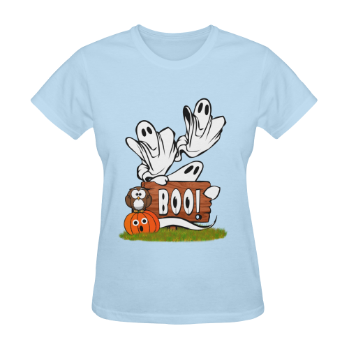 Halloween Ghosts, Owl and Pumpkin / Blue Sunny Women's T-shirt (Model T05)
