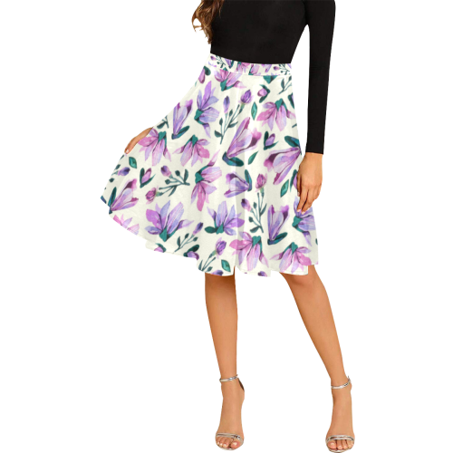 Lovely Watercolored Springflowers Melete Pleated Midi Skirt (Model D15)