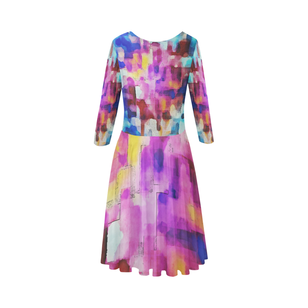 Blue pink watercolors Elbow Sleeve Ice Skater Dress (D20)