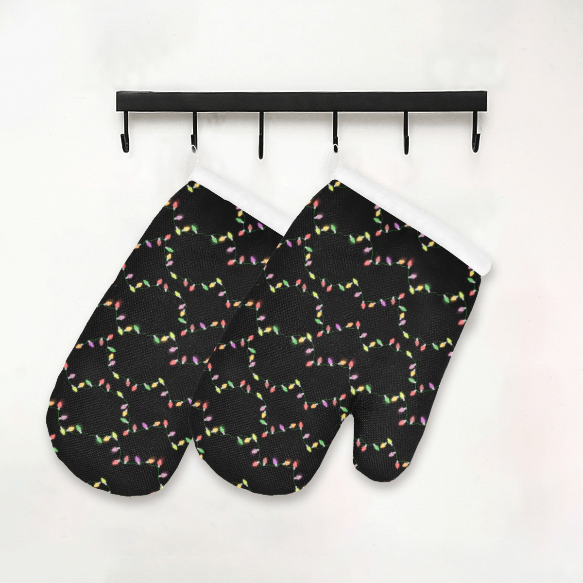 Festive Christmas Lights on Black Oven Mitt (Two Pieces)