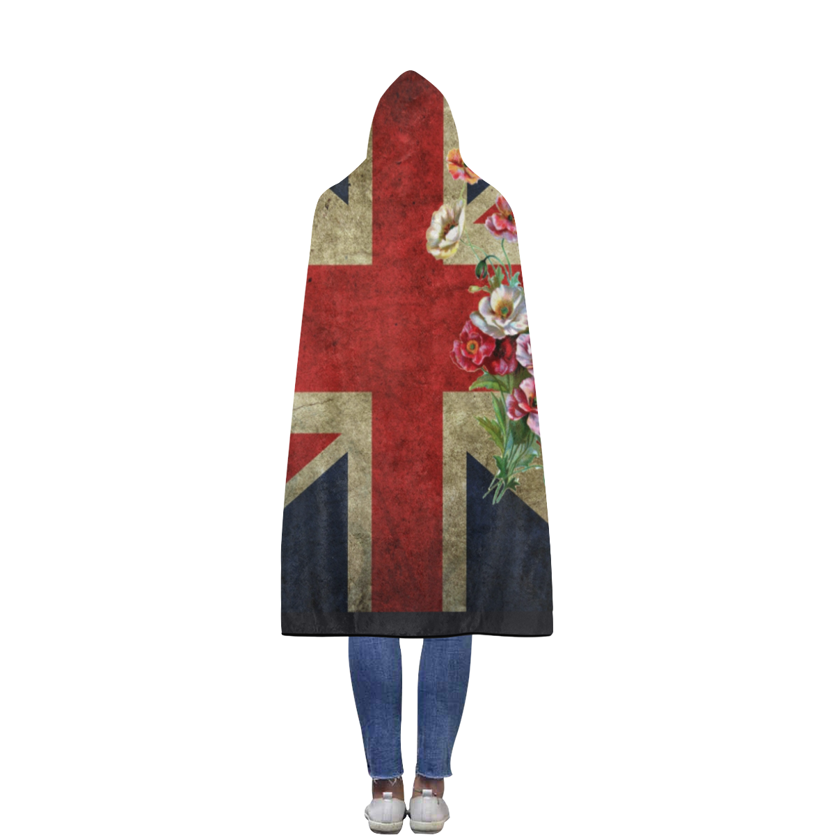 Flowery Union Jack Flannel Hooded Blanket 56''x80''
