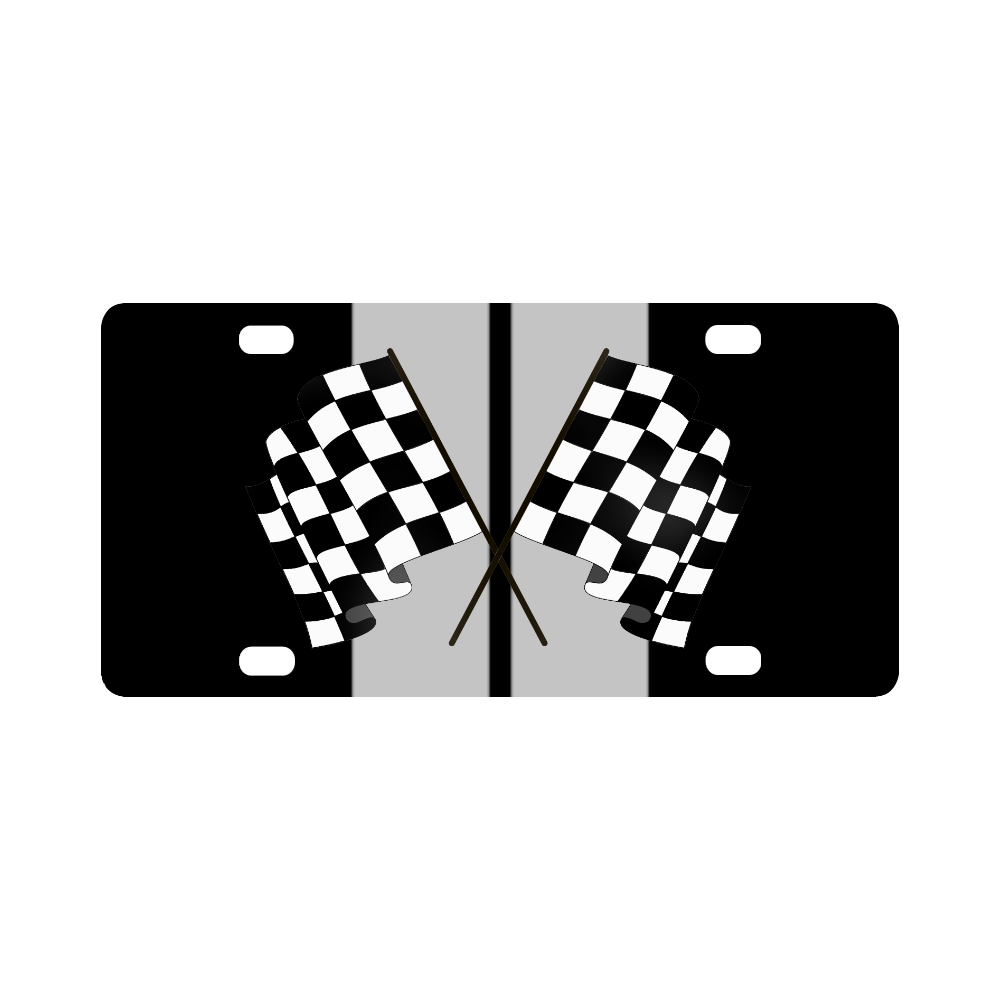 Checkered Flags, Race Car Stripe, Black and Silver Classic License Plate