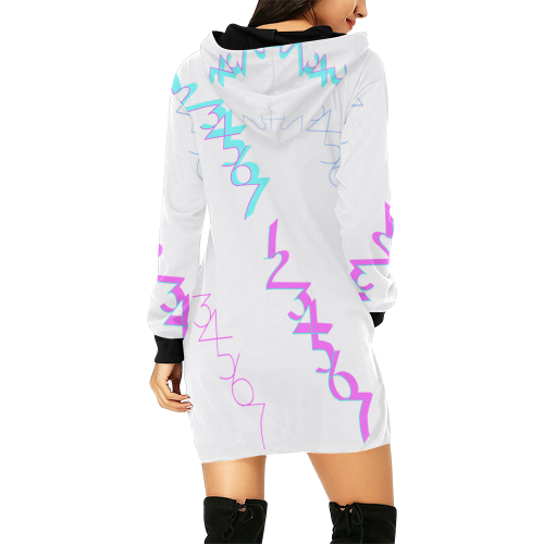 NUMBERS Collection 1234567 Quatro White/Teal/Pink All Over Print Hoodie Mini Dress (Model H27)