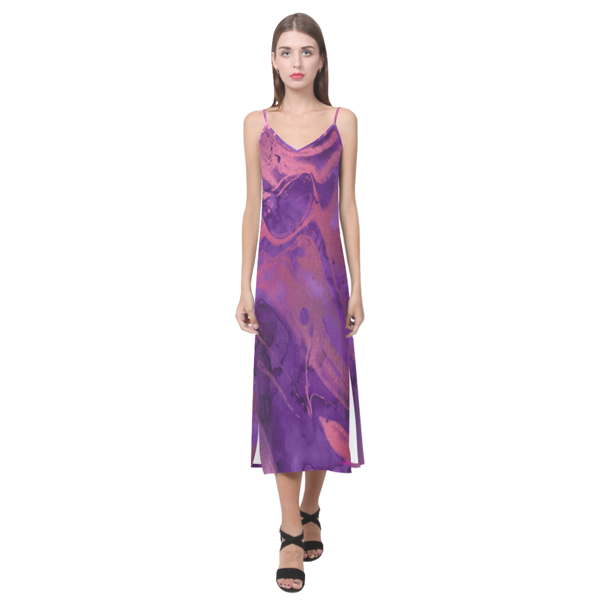 FD's Purple Marble Collection- Women's Purple Marble V- Neck Dress 53086 V-Neck Open Fork Long Dress(Model D18)