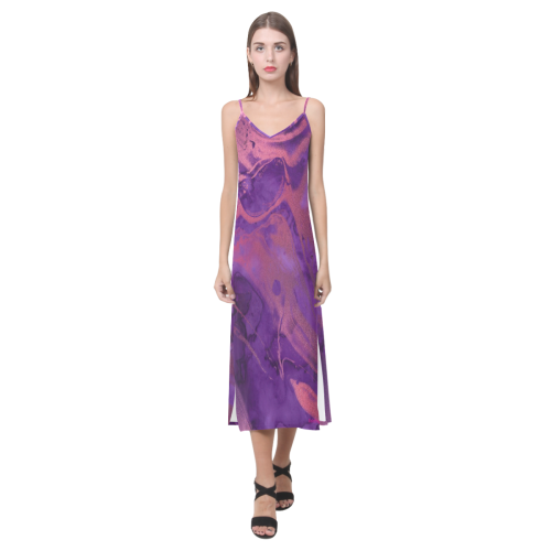 FD's Purple Marble Collection- Women's Purple Marble V- Neck Dress 53086 V-Neck Open Fork Long Dress(Model D18)