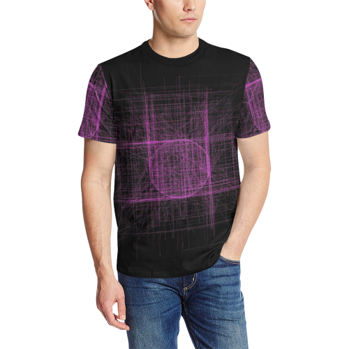 Purple / magenta abstract retro glitch on black Men's All Over Print T-Shirt (Solid Color Neck) (Model T63)