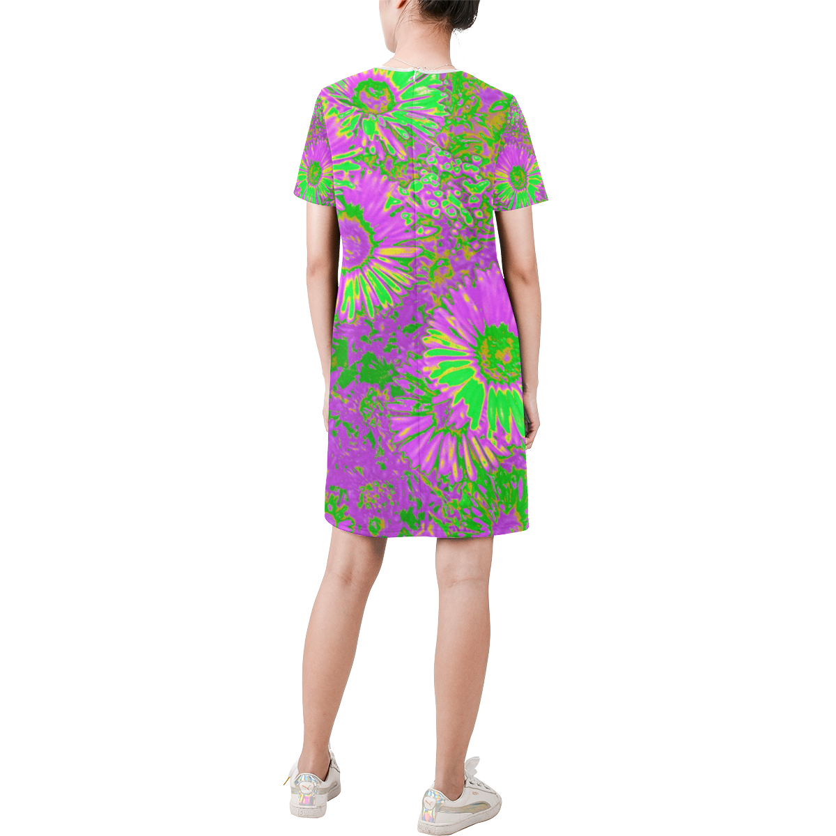 Amazing neon flowers A by JamColors Short-Sleeve Round Neck A-Line Dress (Model D47)