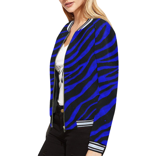 Ripped SpaceTime Stripes - Blue All Over Print Bomber Jacket for Women (Model H21)