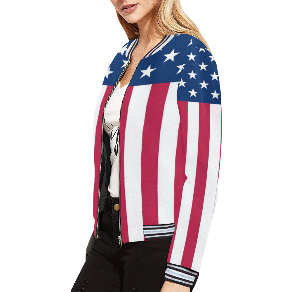 American Flag All Over Print Bomber Jacket for Women (Model H21)