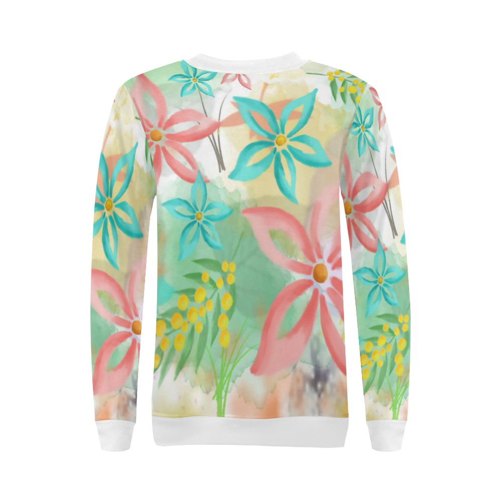 Flower Pattern - coral pink, teal green, yellow All Over Print Crewneck Sweatshirt for Women (Model H18)