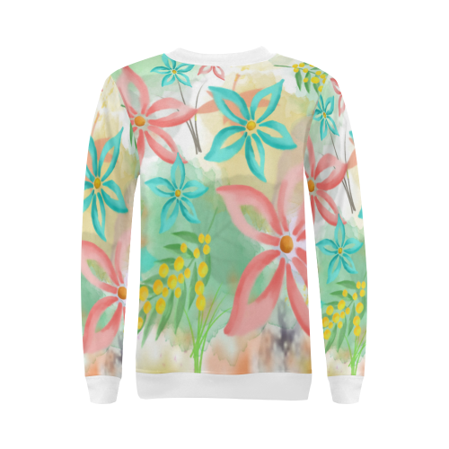 Flower Pattern - coral pink, teal green, yellow All Over Print Crewneck Sweatshirt for Women (Model H18)