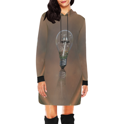 Light bulb with birds All Over Print Hoodie Mini Dress (Model H27)