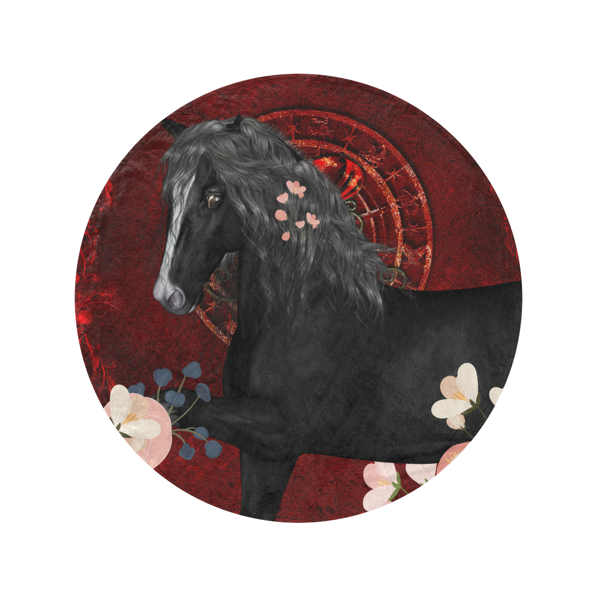 Black horse with flowers Circular Ultra-Soft Micro Fleece Blanket 60"