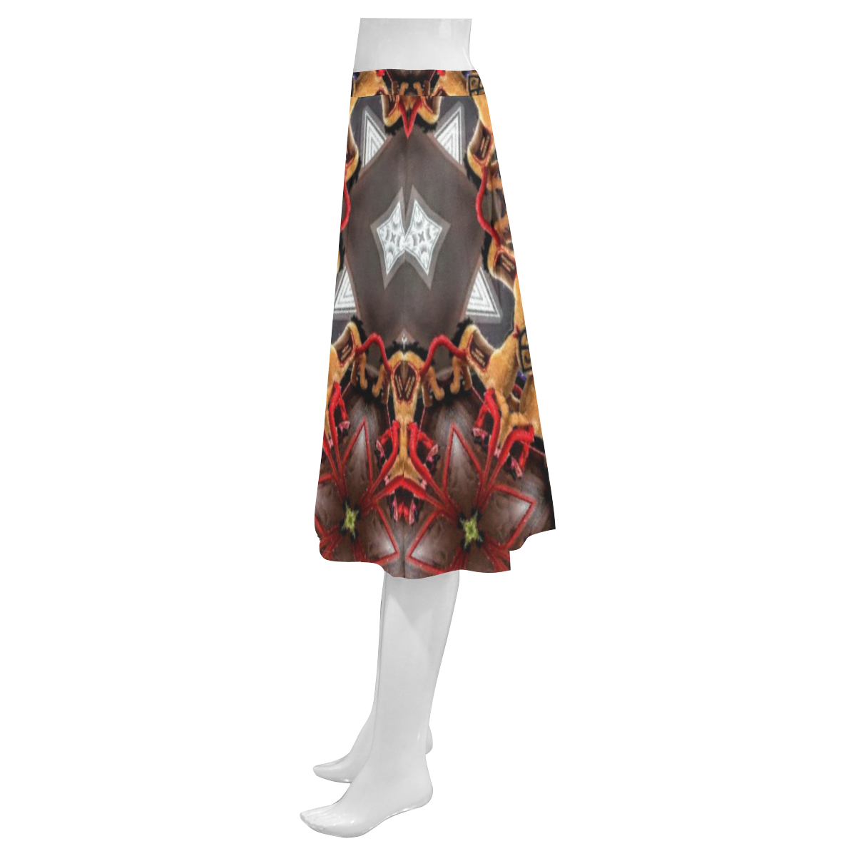 Burgundy Grey w/Gold Square Pattern Mnemosyne Women's Crepe Skirt (Model D16)