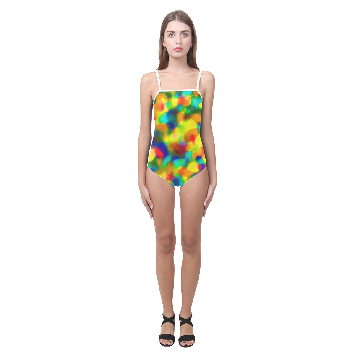 Colorful watercolors texture Strap Swimsuit ( Model S05)