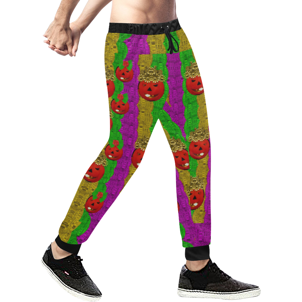 Girls and boys pumkins with owls and roses Men's All Over Print Sweatpants (Model L11)