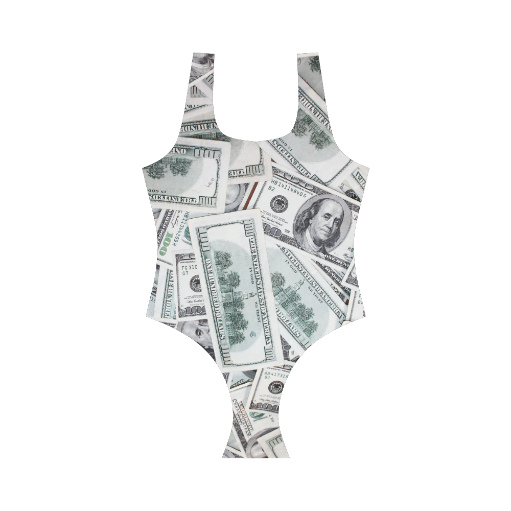 Cash Money / Hundred Dollar Bills Black Strap Vest One Piece Swimsuit (Model S04)