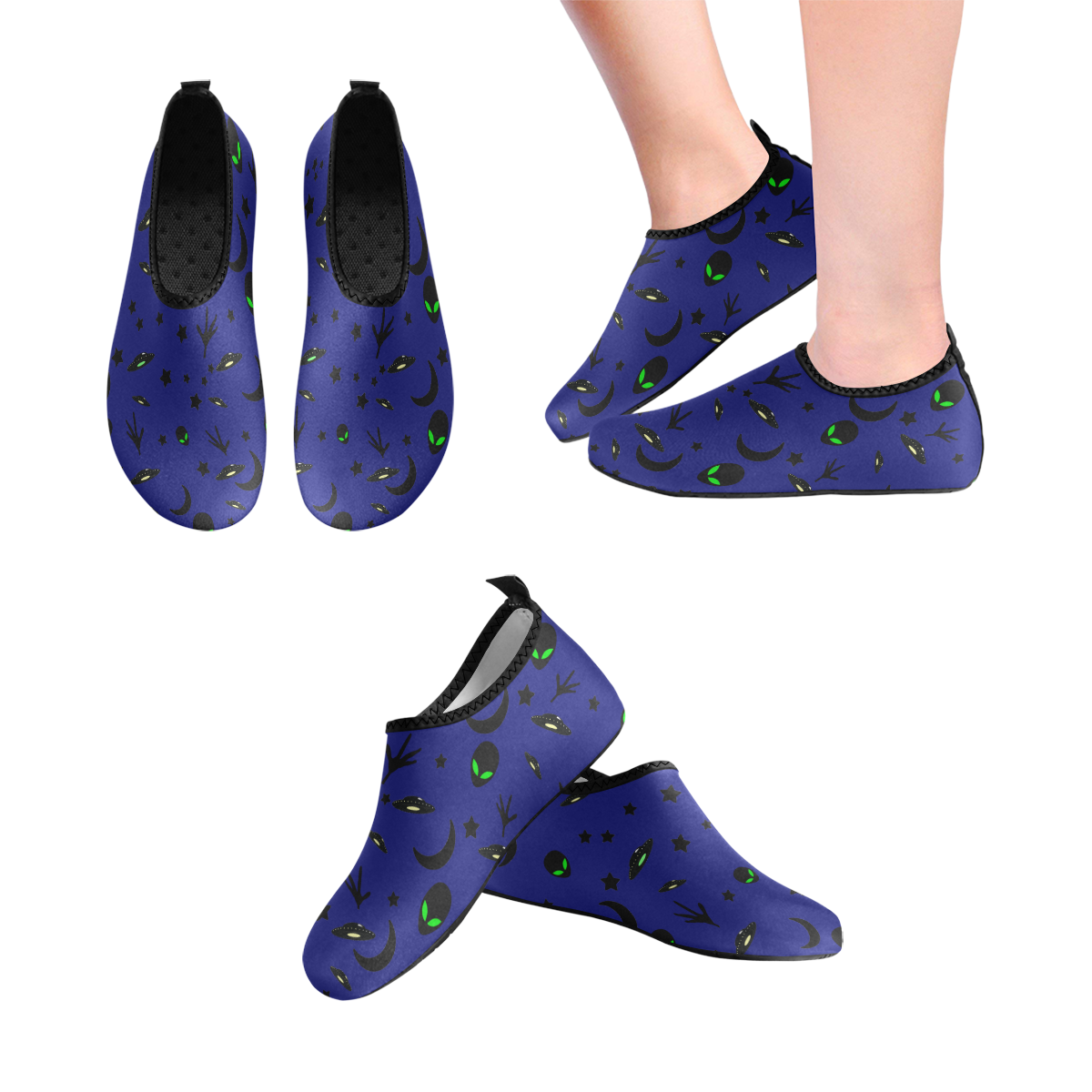 Alien Flying Saucers Stars Pattern on Blue Men's Slip-On Water Shoes (Model 056)
