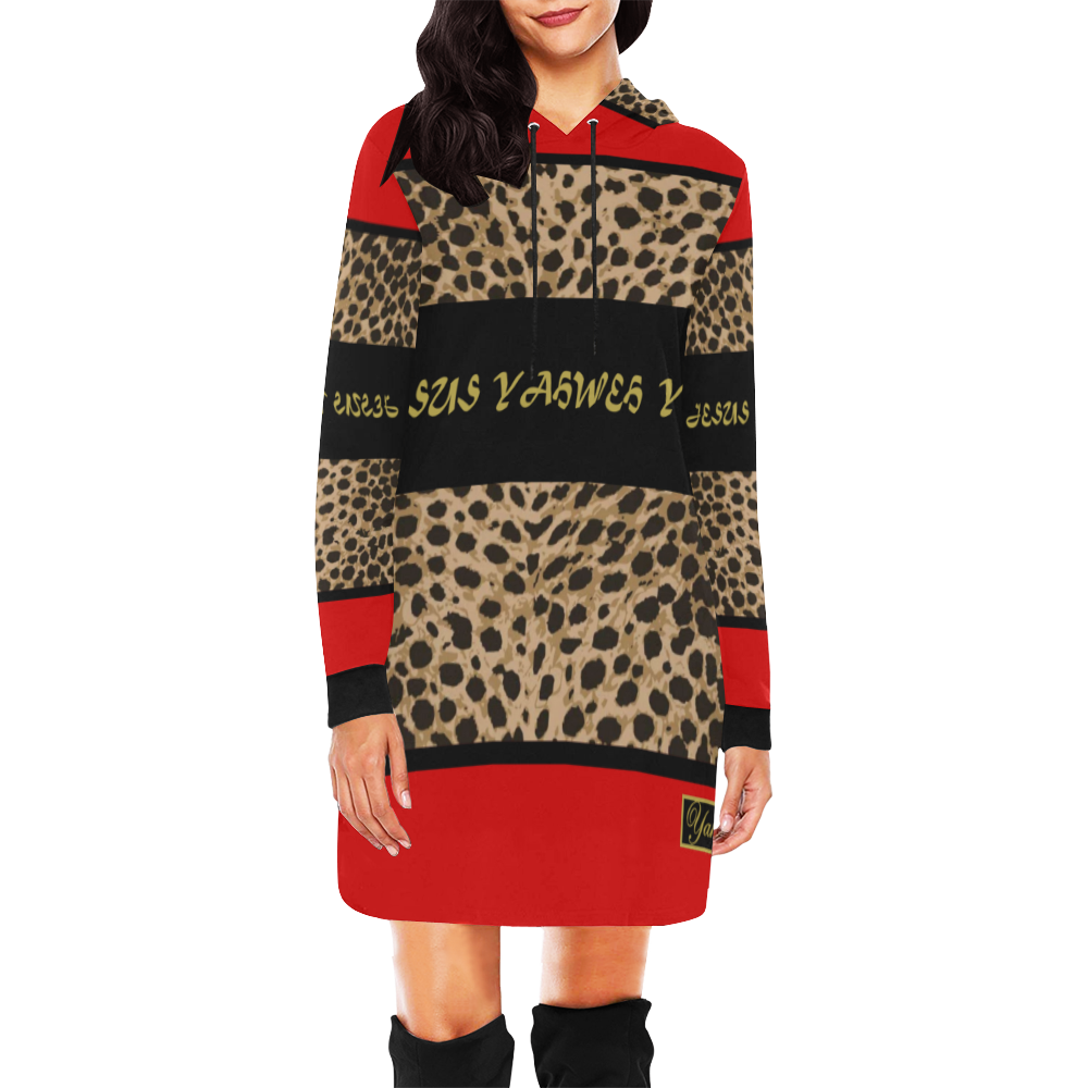 Yahweh Leopard Hood Dress Red All Over Print Hoodie Mini Dress (Model H27)