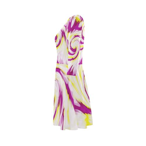 Pink Yellow Tie Dye Swirl Abstract 3/4 Sleeve Sundress (D23)