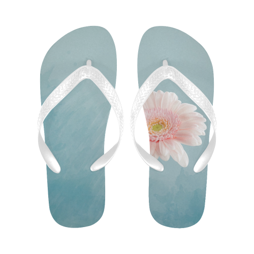 Gerbera Daisy - Pink Flower on Watercolor Blue Flip Flops for Men/Women (Model 040)