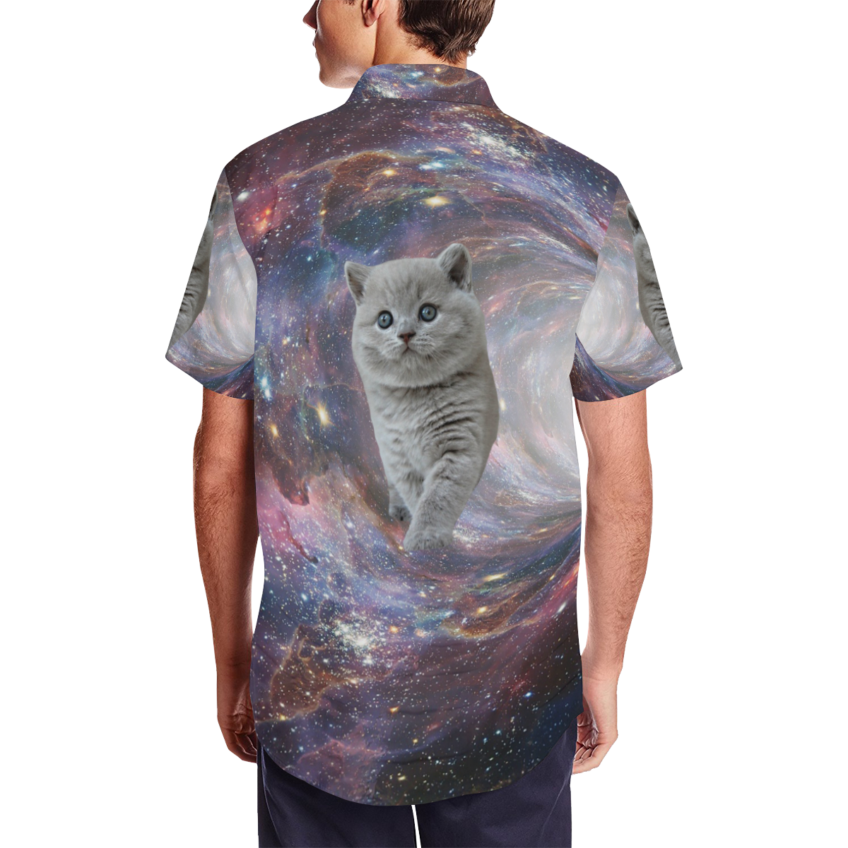 Galaxy Cat Men's Short Sleeve Shirt with Lapel Collar (Model T54)