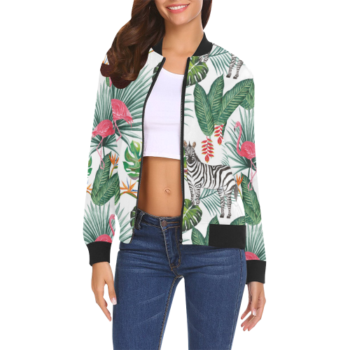 Awesome Flamingo And Zebra All Over Print Bomber Jacket for Women (Model H19)
