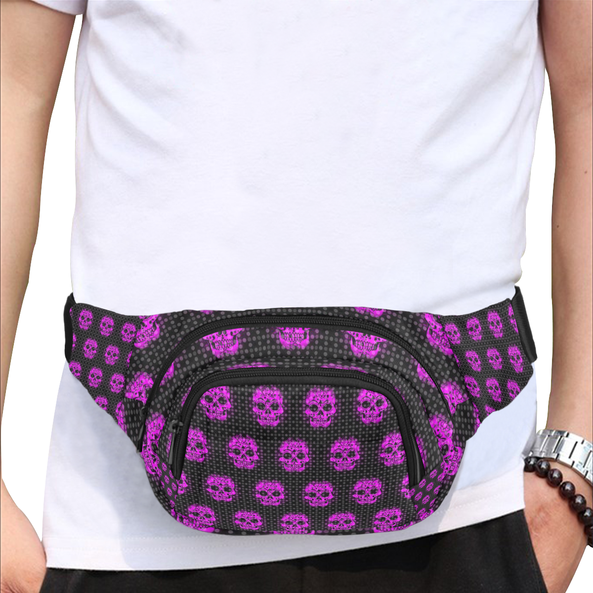 skulls and dotts, pink by JamColors Fanny Pack/Small (Model 1677)