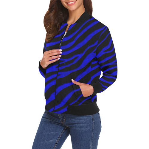 Ripped SpaceTime Stripes - Blue All Over Print Bomber Jacket for Women (Model H19)