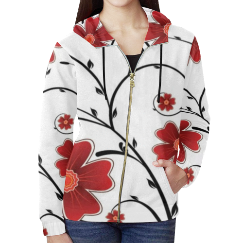 Big beautiful red flowers print all over print full zip hoodie for women All Over Print Full Zip Hoodie for Women (Model H14)