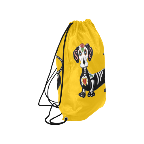Dachshund Sugar Skull Yellow Medium Drawstring Bag Model 1604 (Twin Sides) 13.8"(W) * 18.1"(H)