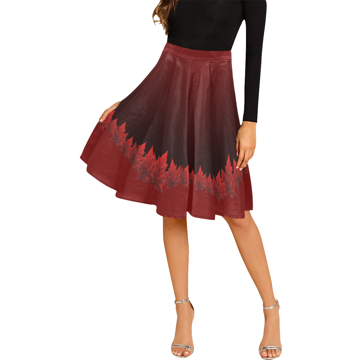 Canada Maple Leaf Skirts Knee Length Flared Melete Pleated Midi Skirt (Model D15)