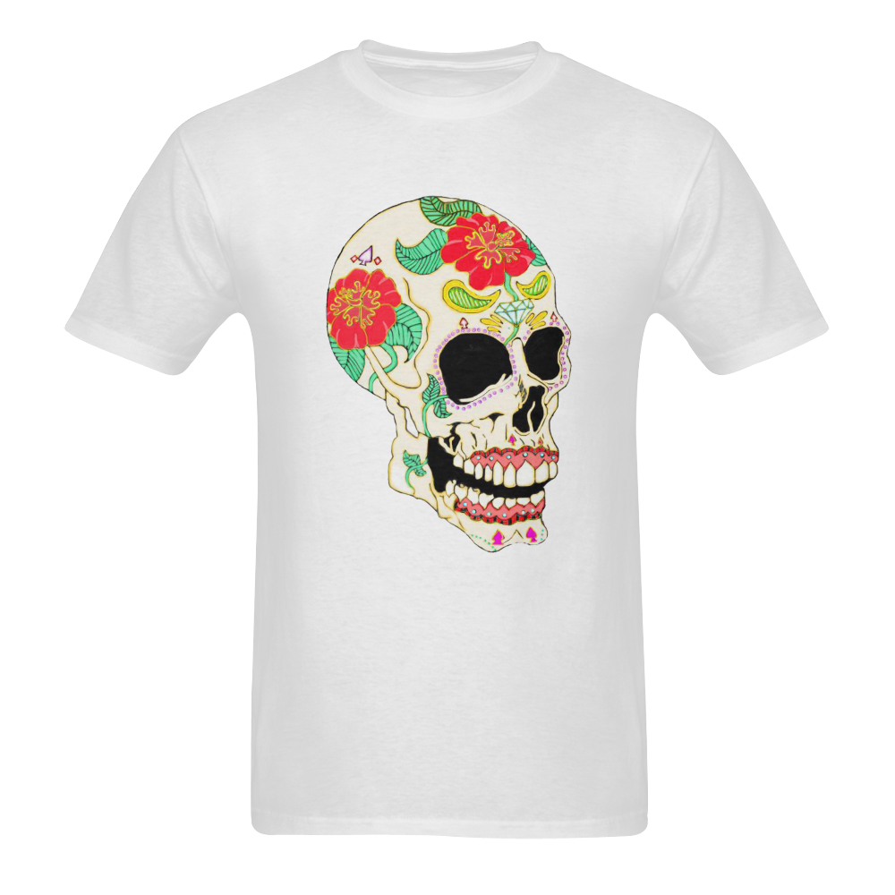 Flower Sugar Skull White Men's T-shirt in USA Size (Front Printing Only) (Model T02)